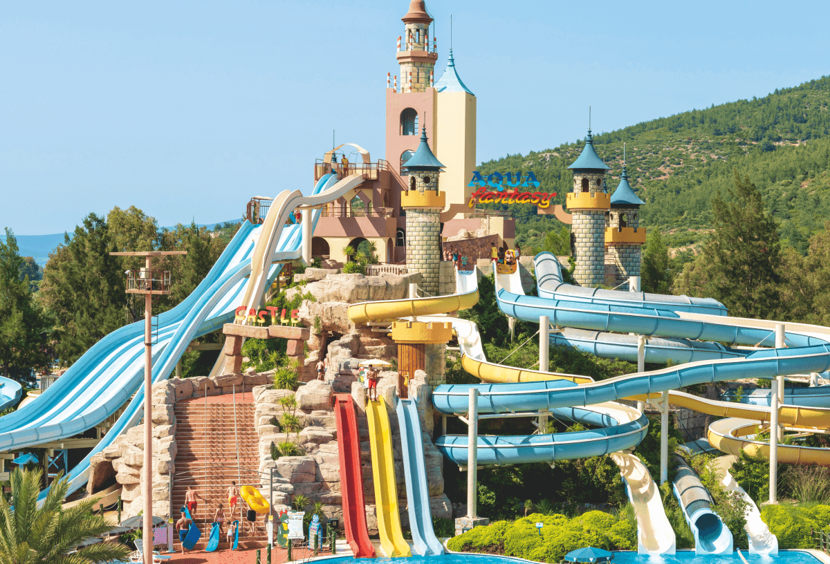 A photo of a range of slides at the Aqua Fantasy Aqua Park in Kudasi