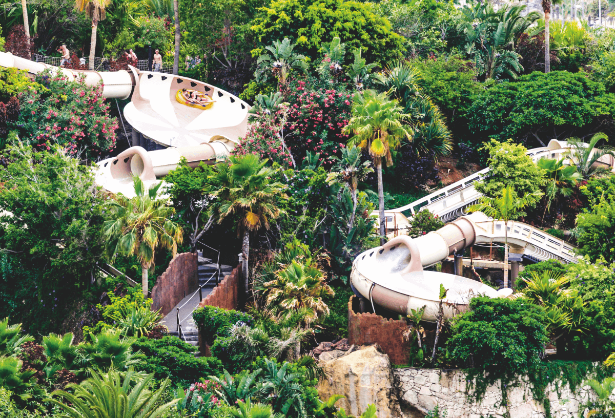 A very green and natural photo of two of the slides at Siam Park in Tenerife