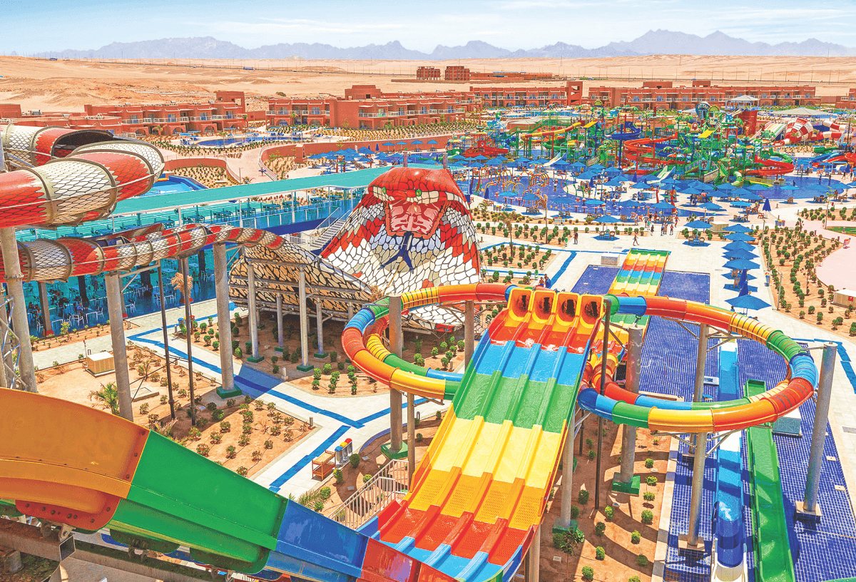 The slides and pools at the waterpark in Pickalbatross, Hurghada