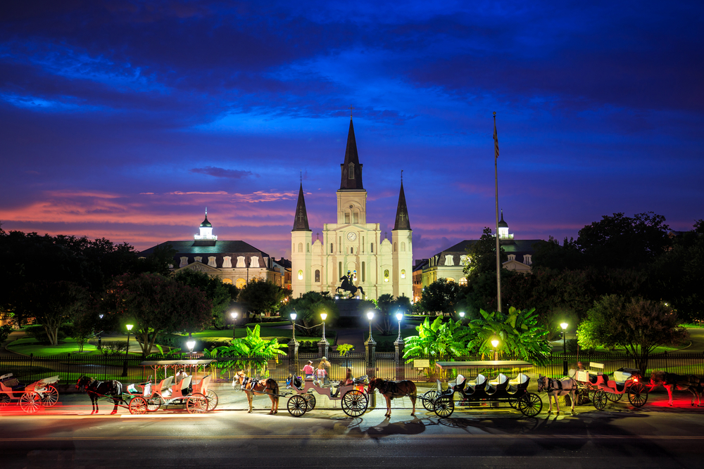 Saint Louis Cathedral and Jackson Square in New Orleans, Louisiana, United States at sunset